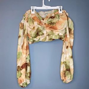 Papaya Green and Brown Multicolor Long Sleeve Off the Shoulder Crop Top | Size L